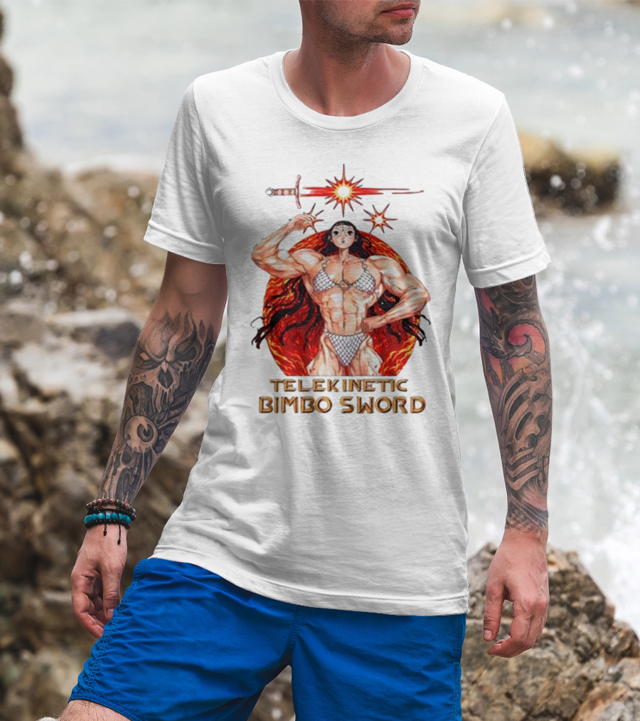 Rebecca Kirby Telekinetic Bimbo Sword Warrior With Fiery Background T-Shirt