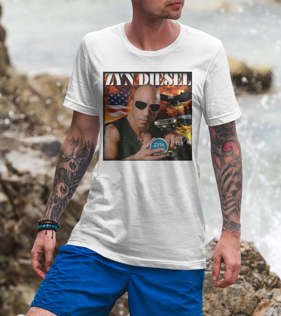 Zyn Diesel American Bald Eagle And Muscle Car Background T-Shirt