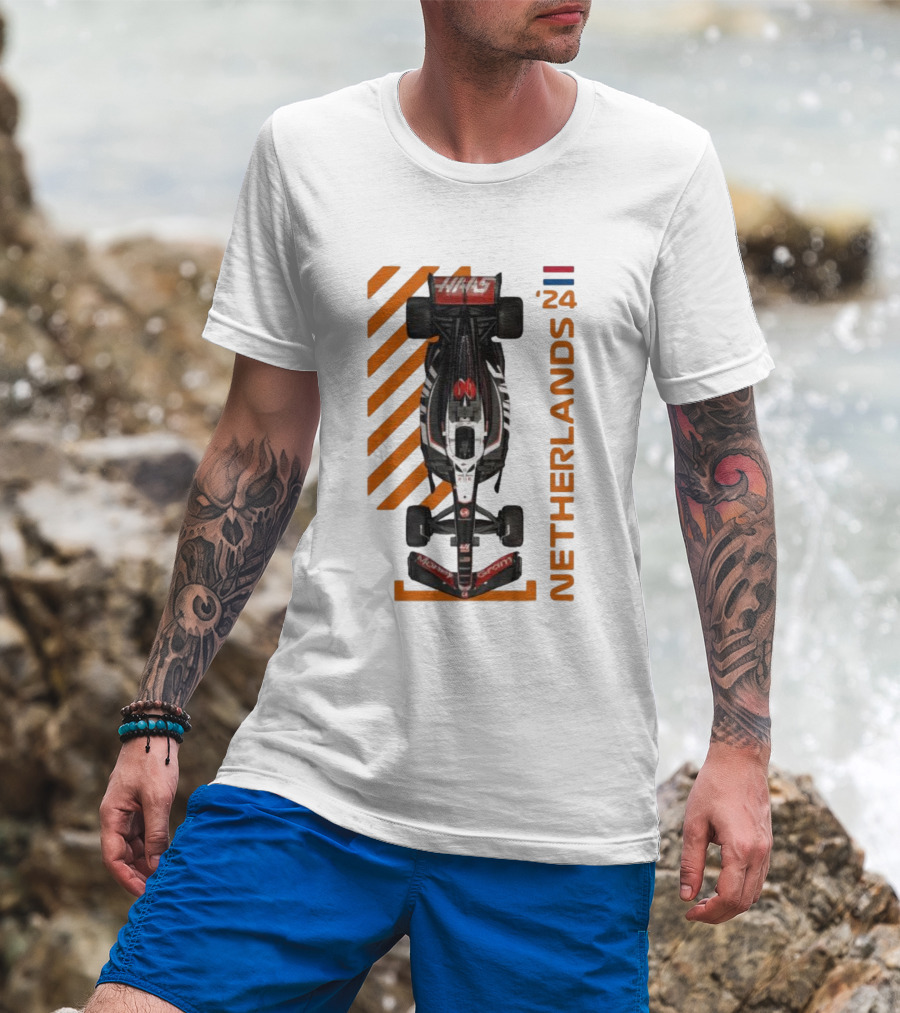 Haas F1 Racing Car Netherlands 24 Orange Stripes Racing Formula 1 T-Shirt