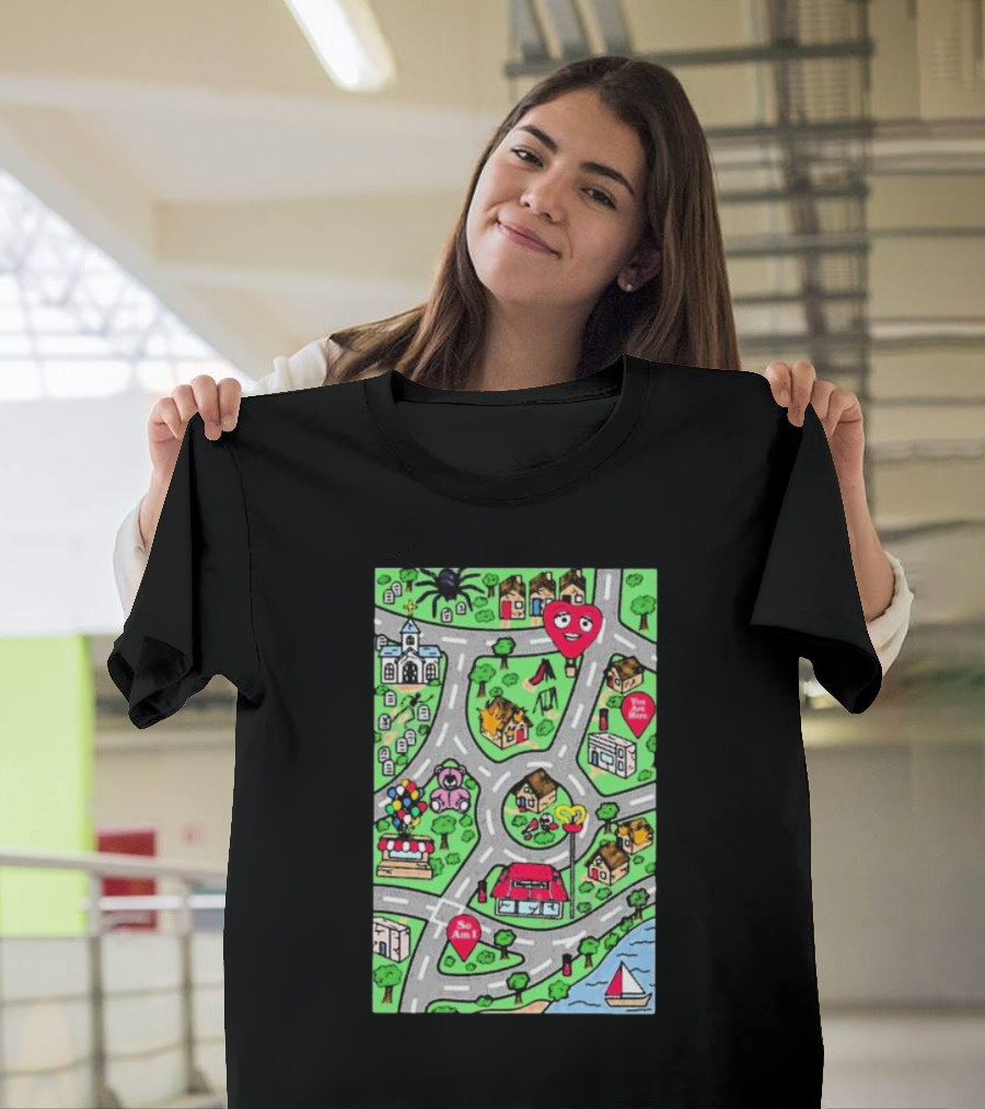 Are We There Yet Cute Cartoon Map With Smiling Landmarks And Colorful Scenery T-Shirt