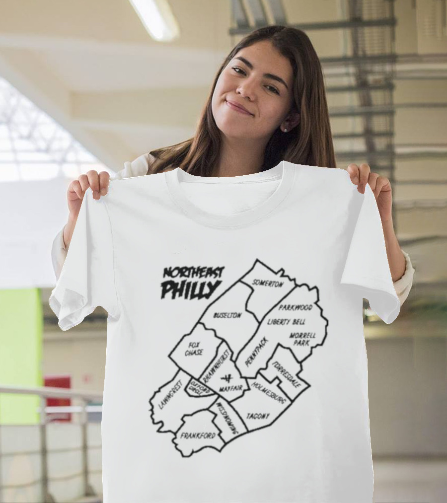 Northeast Philly Map Featuring Somerton Parkwood Liberty Bell Fox Chase Oxford Circle Tacony Frankford Map T-Shirt