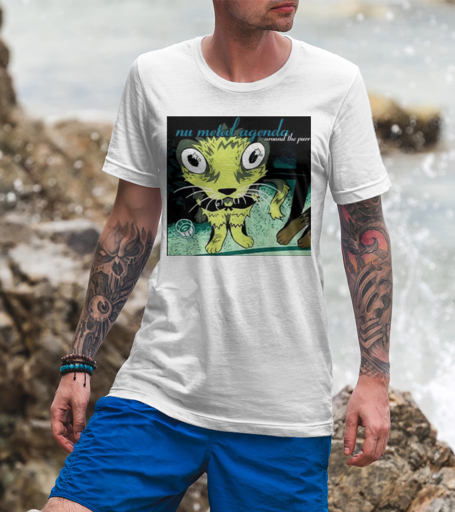 Nu Metal Agenda Around The Purr Feline Illustration With Swirling Colors And Bold Letters T-Shirt