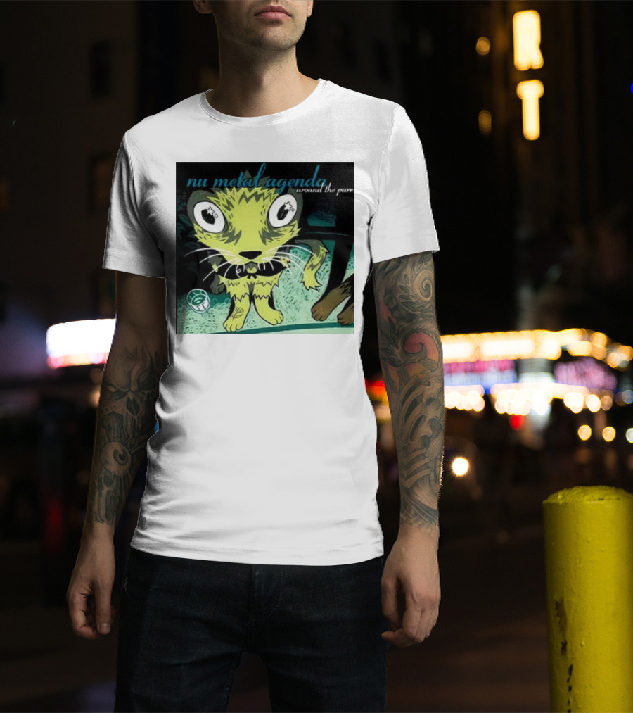 Nu Metal Agenda Around The Purr Feline Illustration With Swirling Colors And Bold Letters T-Shirt
