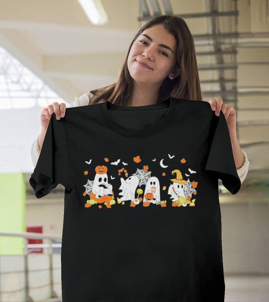Ghosts with Pumpkins Coffee and Halloween Witch Costumes T-Shirt