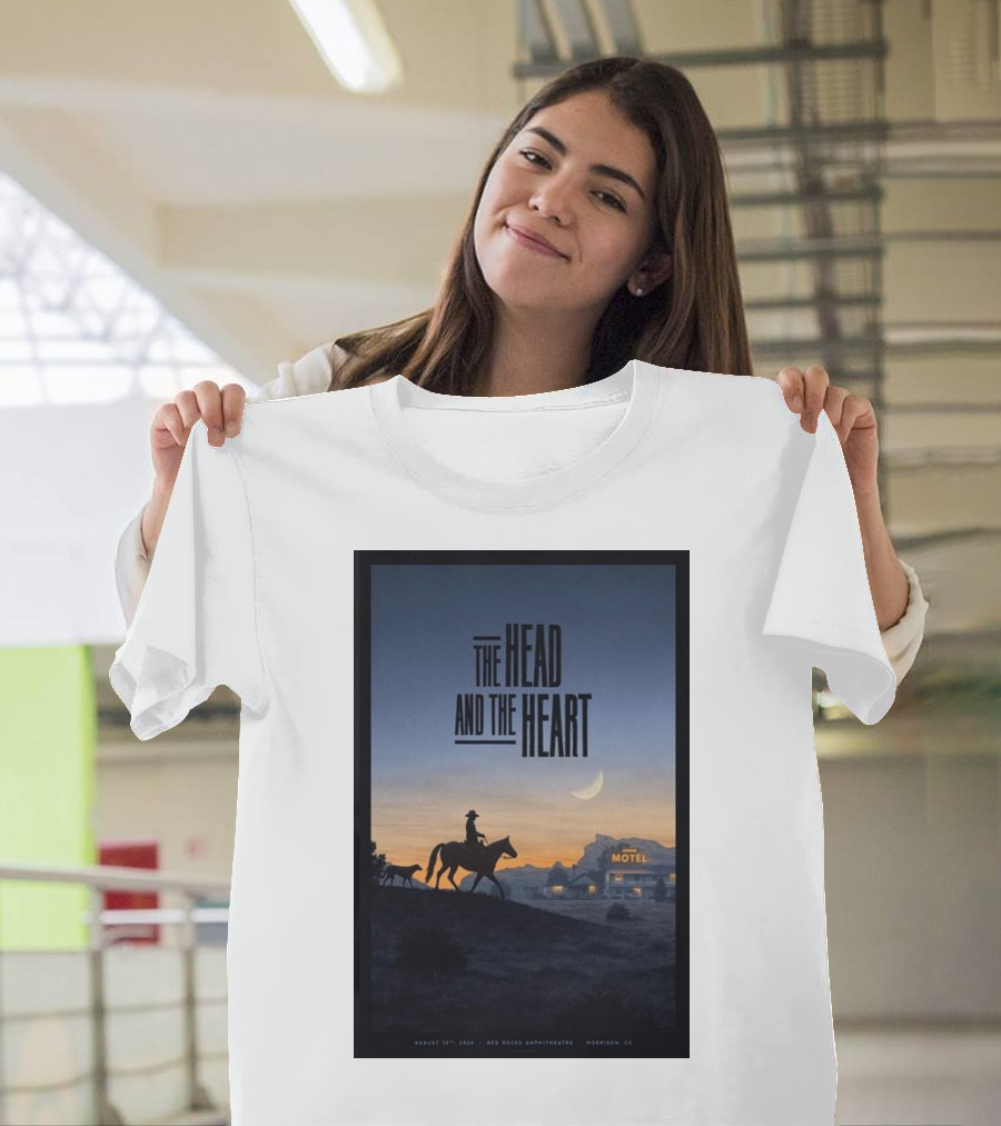 The Head And The Heart August 12 2024 Red Rocks Amphitheatre Morrison CO Cowboy Silhouette at Sunset Motel Scene T-Shirt