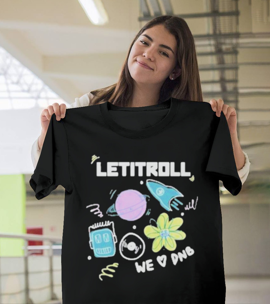 LETITROLL We Love DNB Planet Rocket Robot Flower T-Shirt