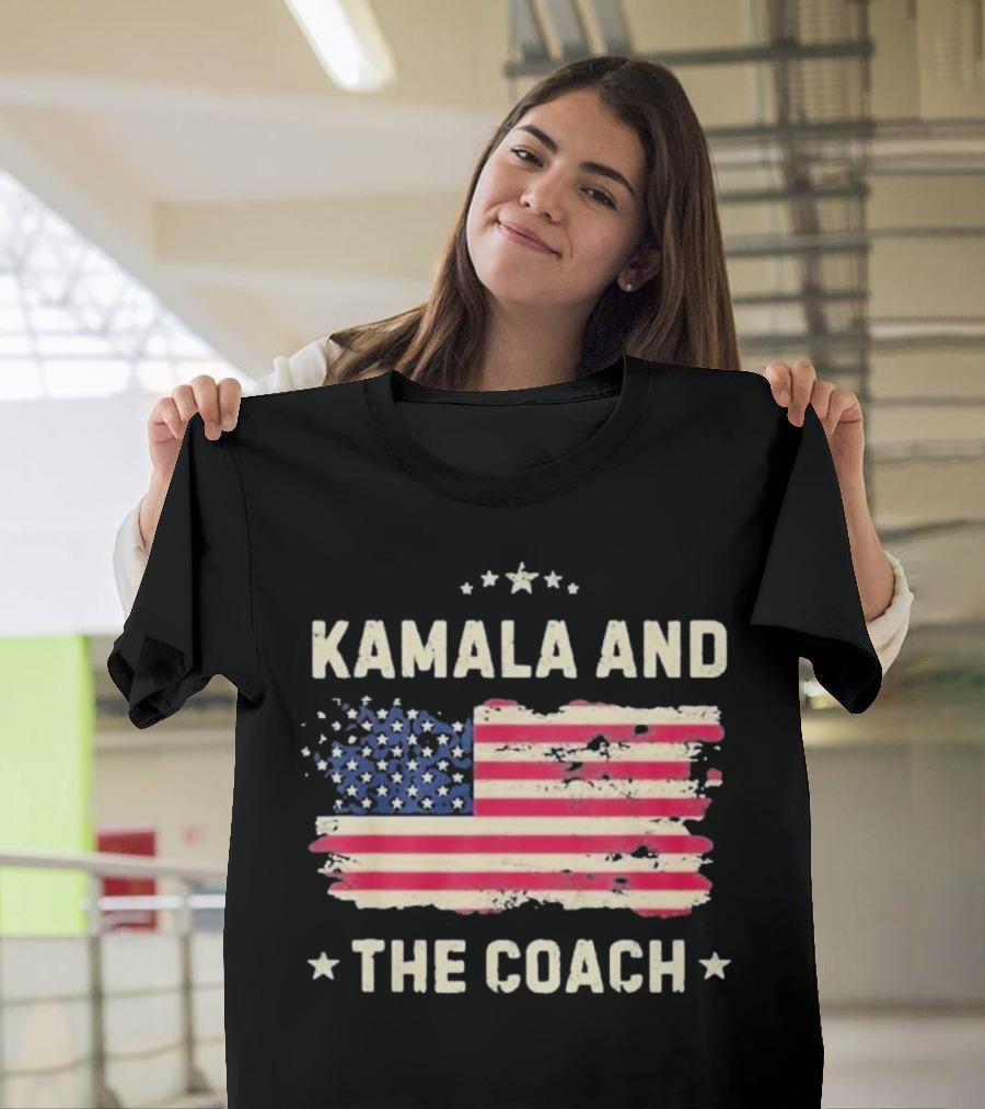 Kamala and the Coach 2024 Harris Walz USA Flag T-Shirt
