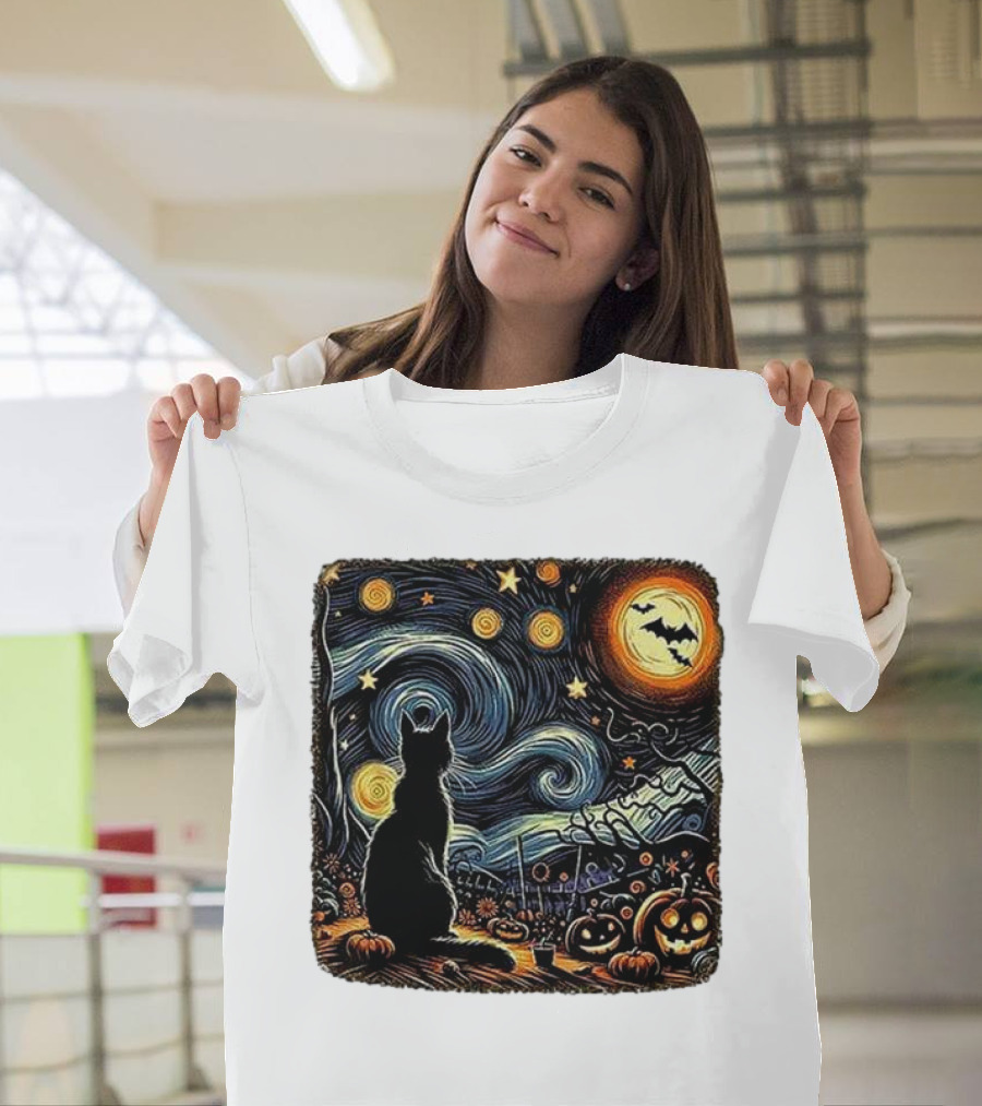 Retro Van Gogh Starry Night Cat with Pumpkin and Bat Halloween T-Shirt