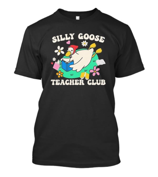 Silly Goose Teacher Club Reading Duck With Flowers And Open Books T-Shirt