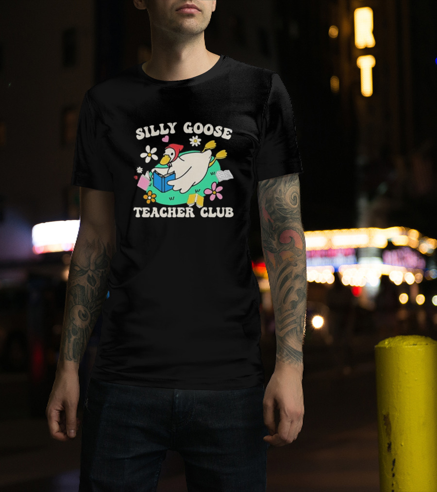 Silly Goose Teacher Club Reading Duck With Flowers And Open Books T-Shirt
