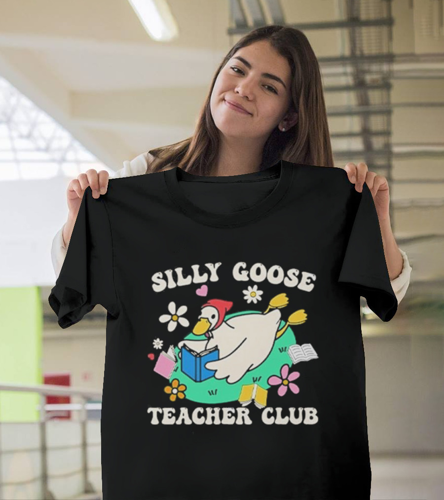 Silly Goose Teacher Club Reading Duck With Flowers And Open Books T-Shirt