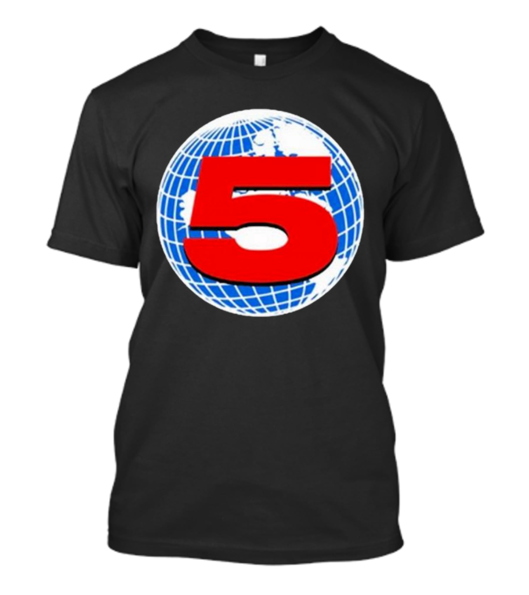 Red Number 5 On Blue And White Globe Background T-Shirt
