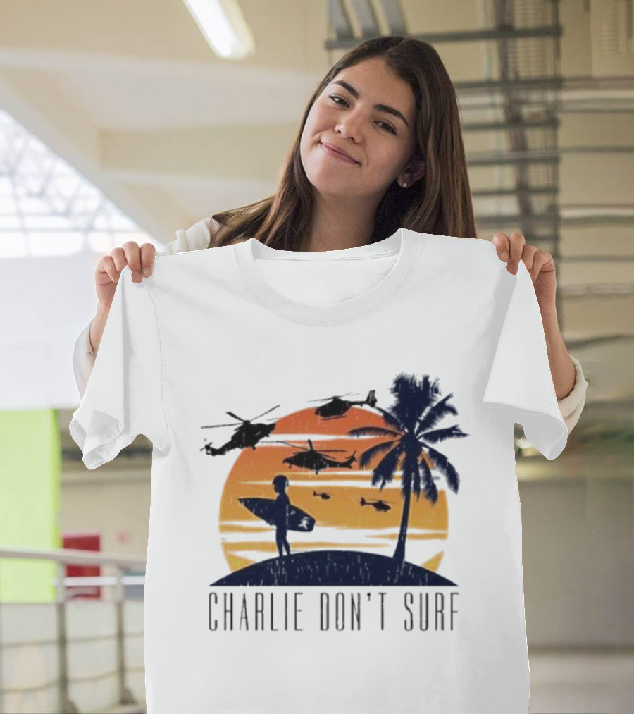 Charlie Don’t Surf Helicopters Palm Sunset Surfer T-Shirt