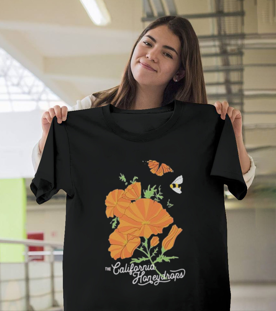 The California Honeydrops Orange Poppies Meadow with Butterfly and Bee T-Shirt