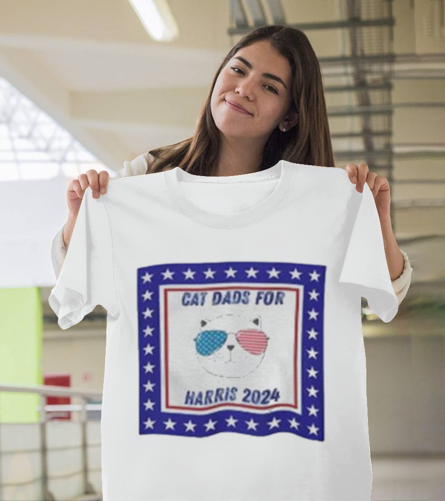 Cat Dads for Harris 2024 with Patriotic Sunglasses and Stars T-Shirt
