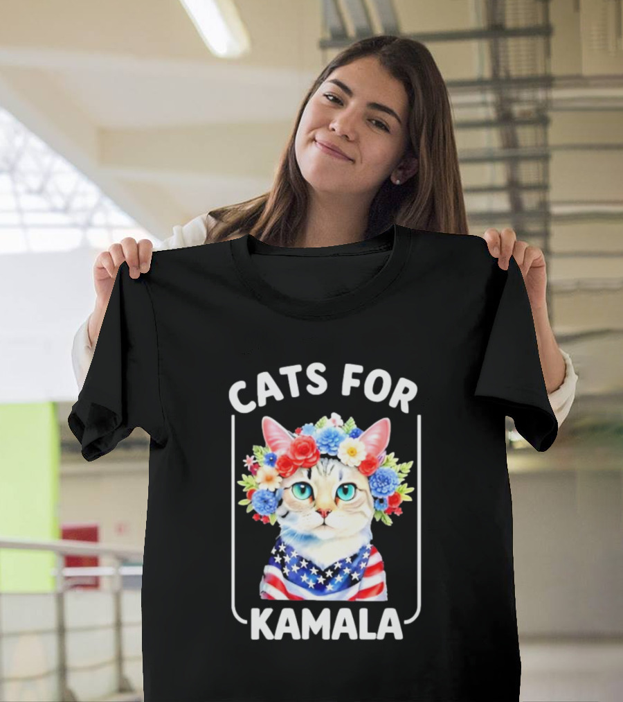 Cats For Kamala Cat With Flowers American USA Flag T-Shirt