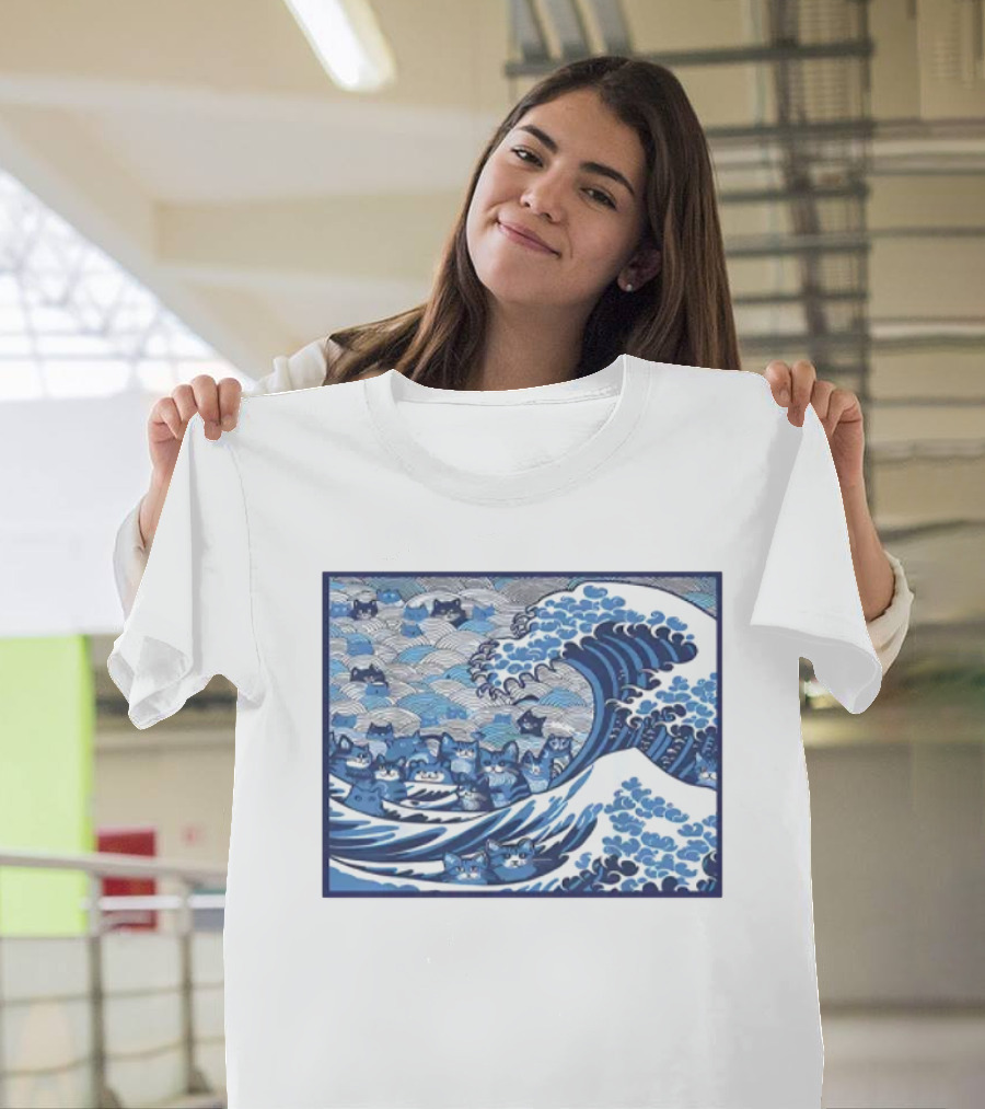 Blue Wave Cat Kamala Hokusai Style Japan Ocean Cats T-Shirt