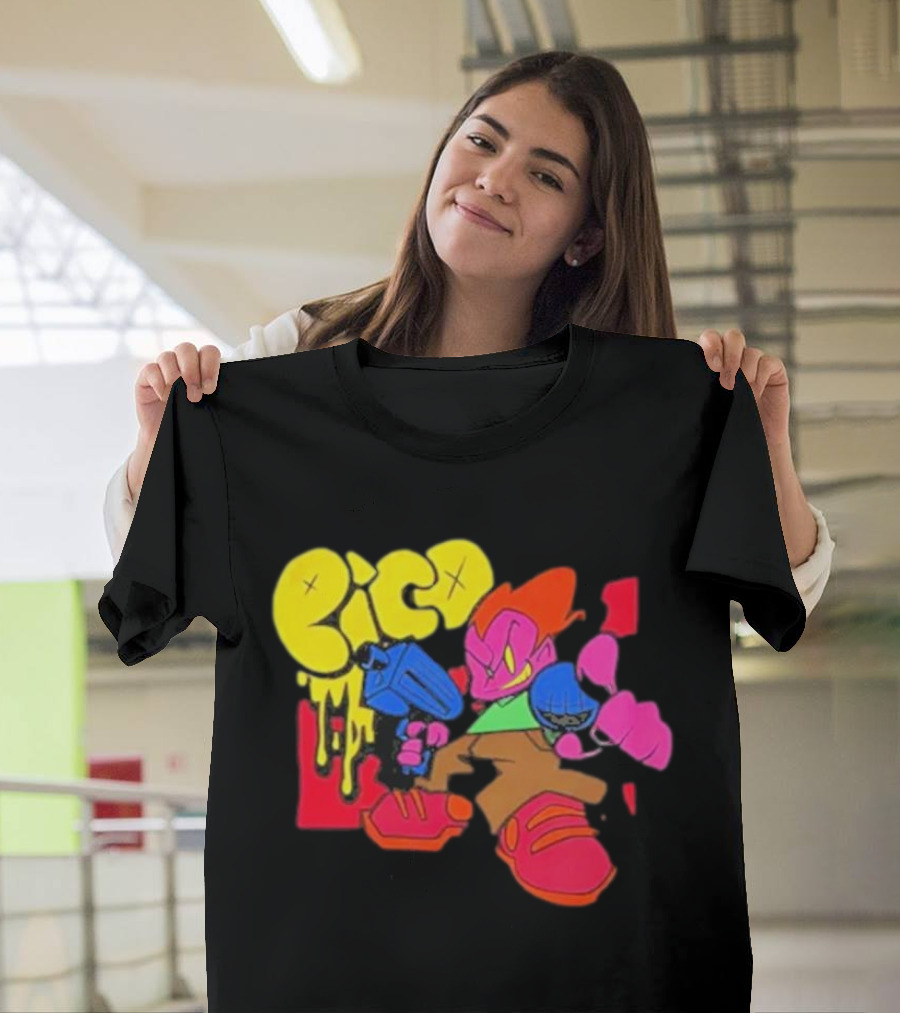 Friday Night Funkin Pico Colorful Cartoon Character Holding Gun T-Shirt