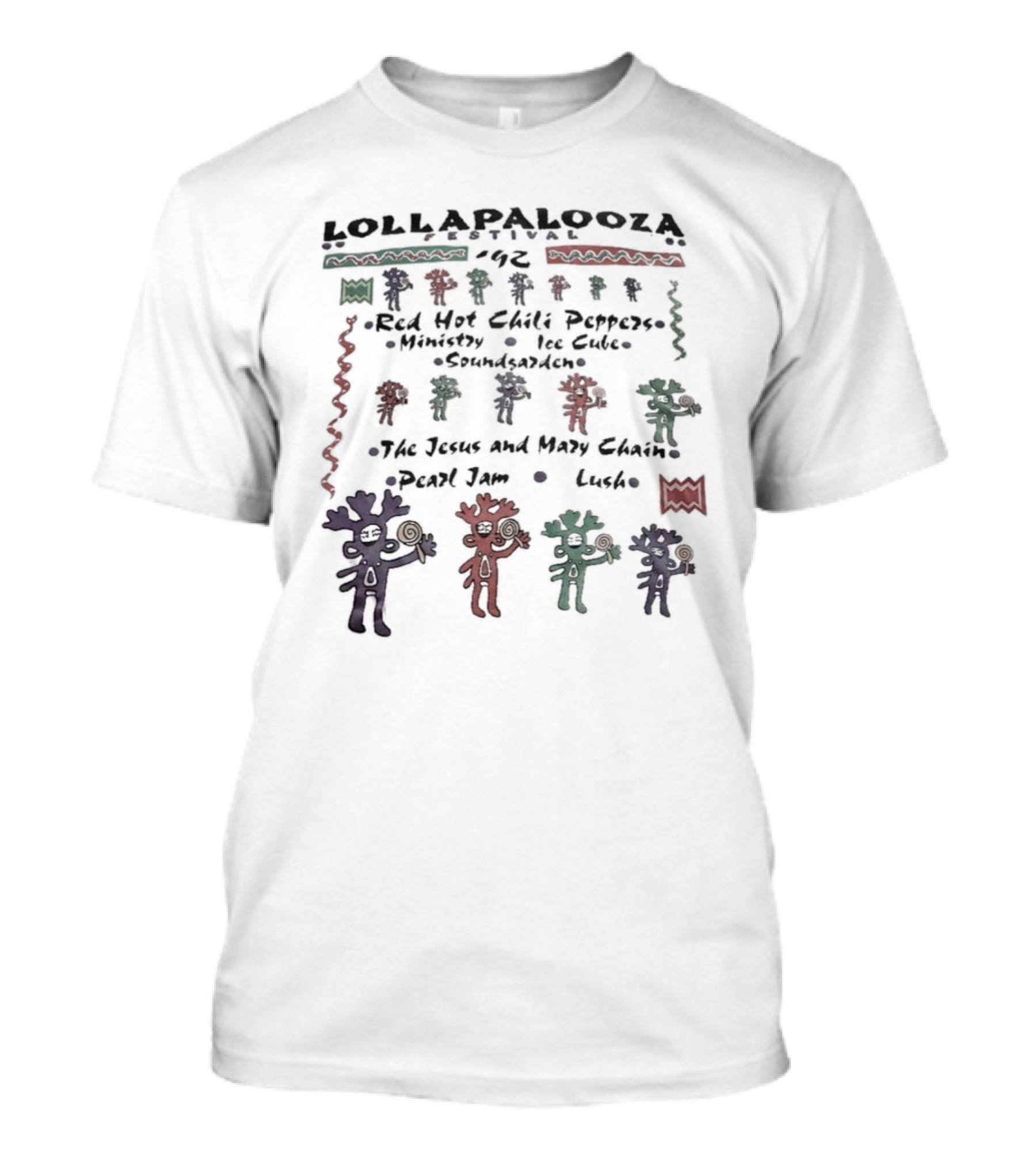 Lollapalooza Festival 1992 Red Hot Chili Peppers Ministry Ice Cube Soundgarden Jesus And Mary Chain Pearl Jam Lush Vivid Tribal Figures T-Shirt