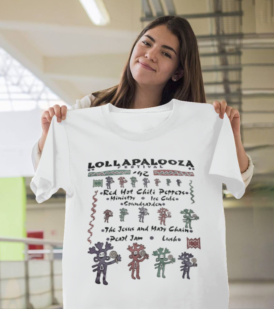 Lollapalooza Festival 1992 Red Hot Chili Peppers Ministry Ice Cube Soundgarden Jesus And Mary Chain Pearl Jam Lush Vivid Tribal Figures T-Shirt
