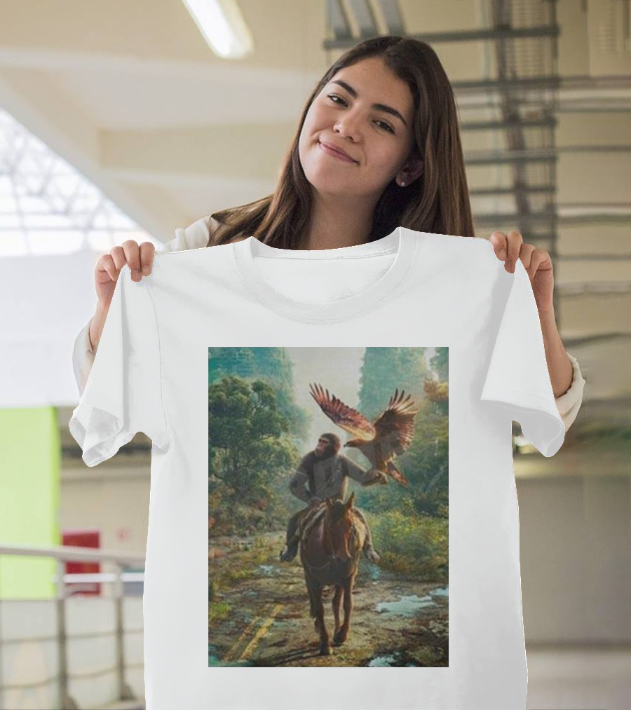 Coming Soon Kingdom of the Planet of the Apes Movie 2024 Forest Path with Ape on Horse and Soaring Eagle T-Shirt