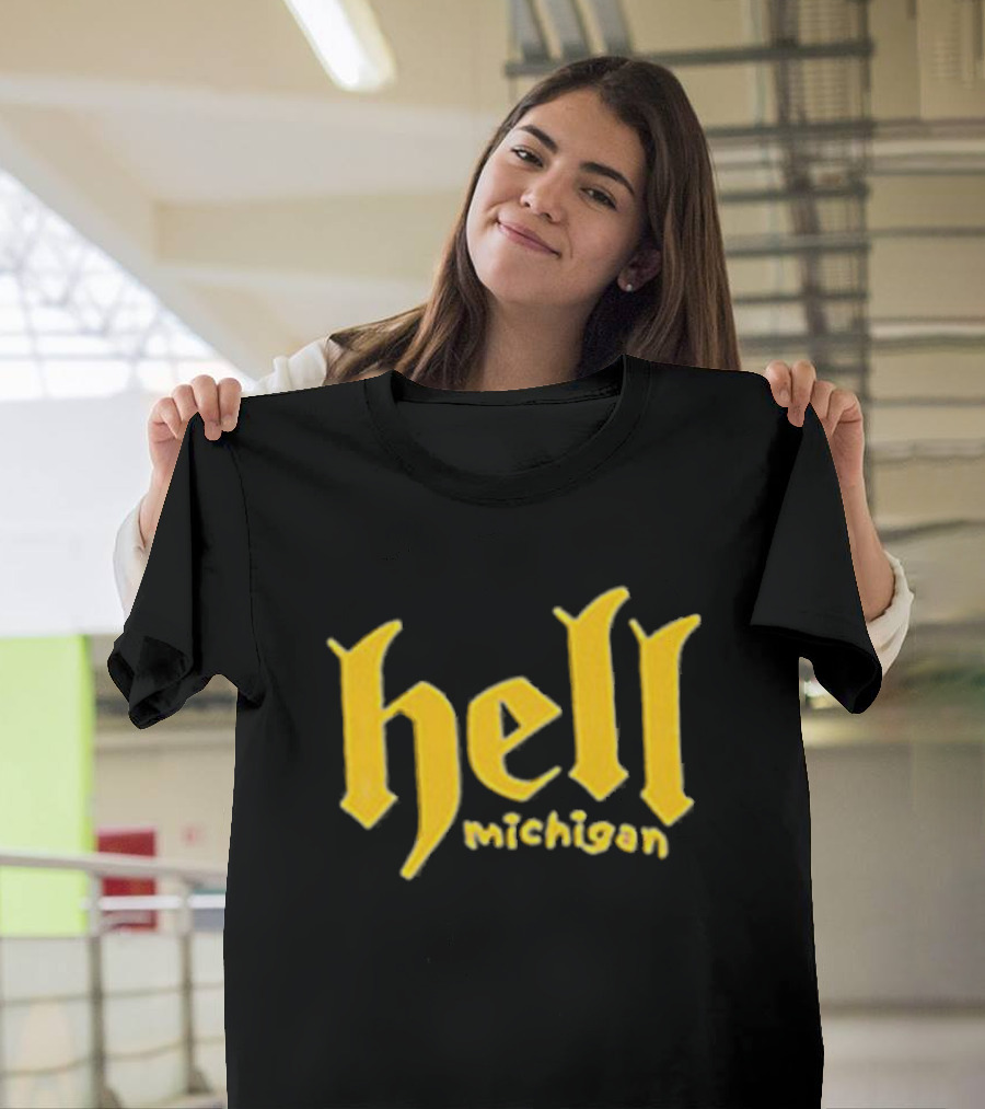 Hell Michigan Yellow Gothic Text T-Shirt