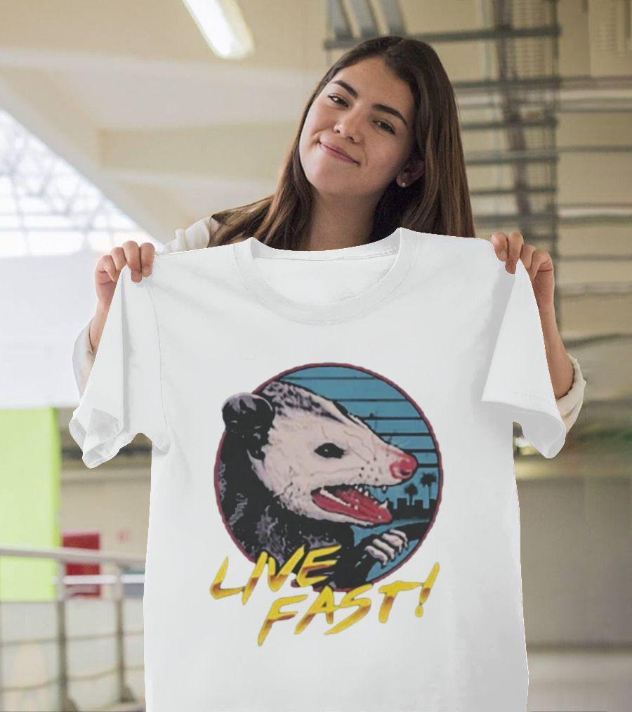 Live Fast Hiss Possum City Skyline T-Shirt