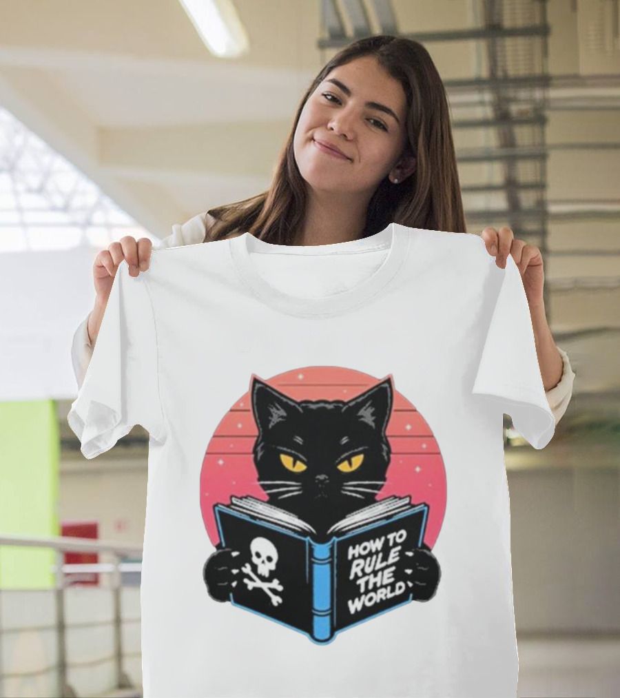 How To Rule The World Black Cat Reading Book With Skull T-Shirt