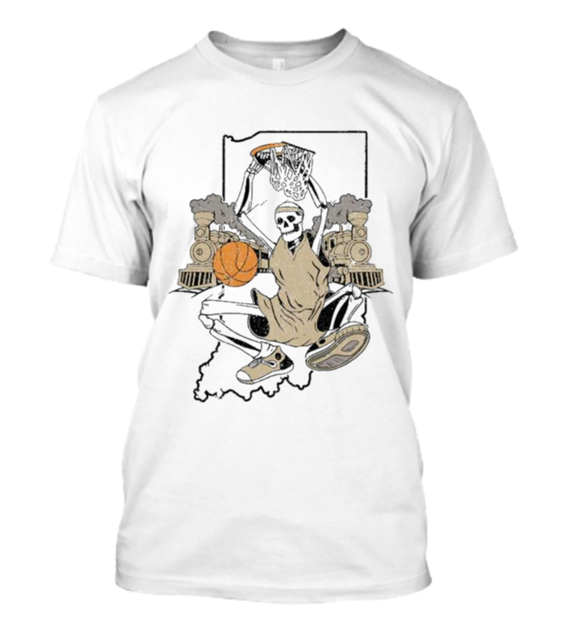 Golo Bloods West Lafayette Indiana Basketball Skeleton With Locomotives And Indiana Outline T-Shirt
