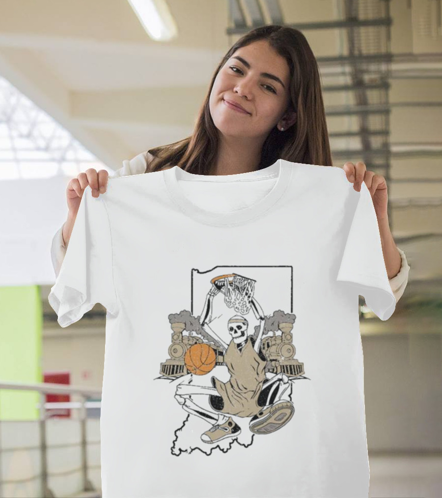 Golo Bloods West Lafayette Indiana Basketball Skeleton with Locomotives and Indiana Outline T-Shirt