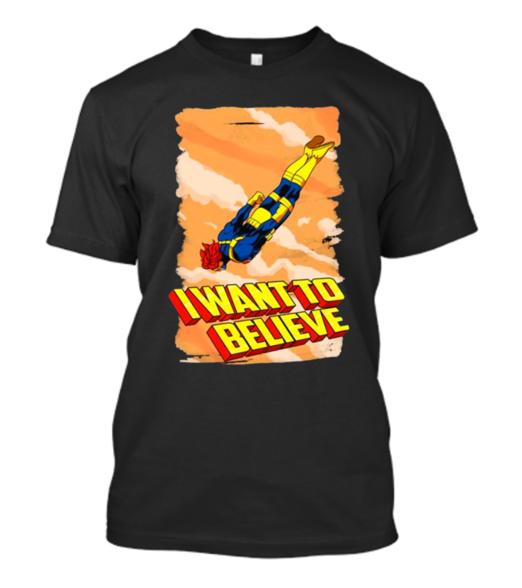 I Want To Believe Superheroes Retro Flying Hero In Yellow And Blue Suit T-Shirt