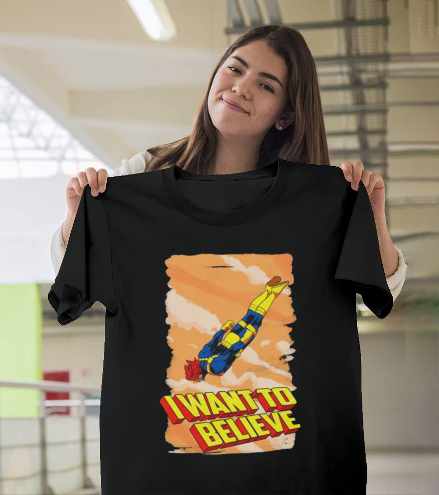 I Want To Believe Superheroes Retro Flying Hero In Yellow And Blue Suit T-Shirt