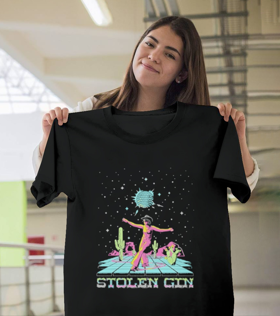 Stolen Gin Disco Cowgirl Dance Under Starry Night Desert Scene T-Shirt