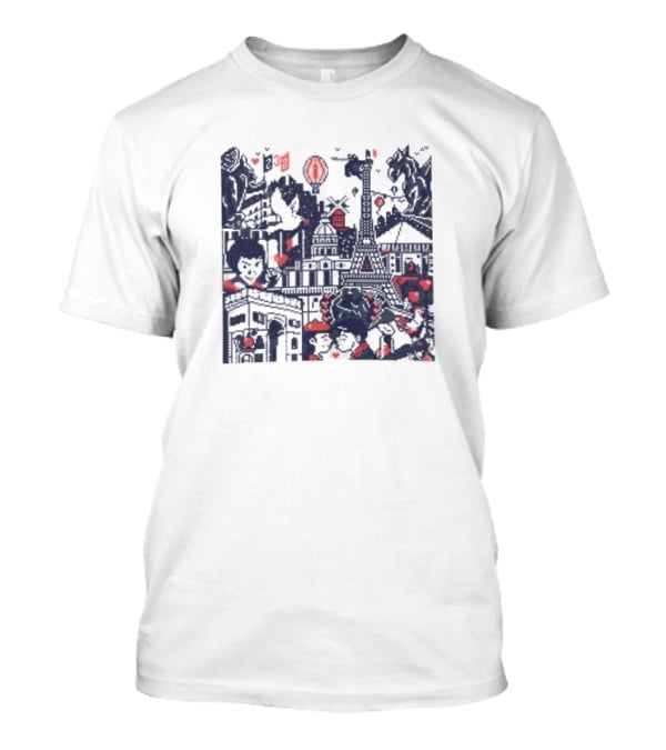 BasePaint Cityscapes Paris Eiffel Tower And Arc De Triomphe Neon Hearts T-Shirt