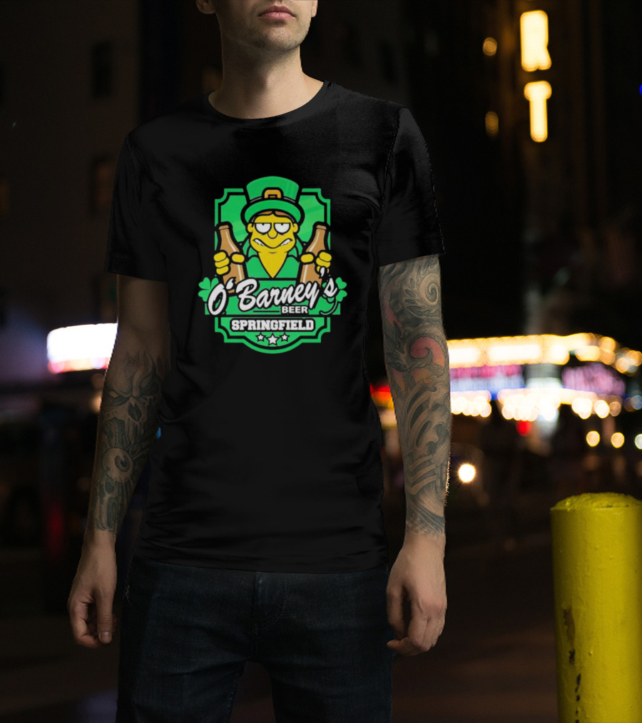 O’Barney’s Beer Springfield Leprechaun Holding Bottles Shamrock Badge T-Shirt