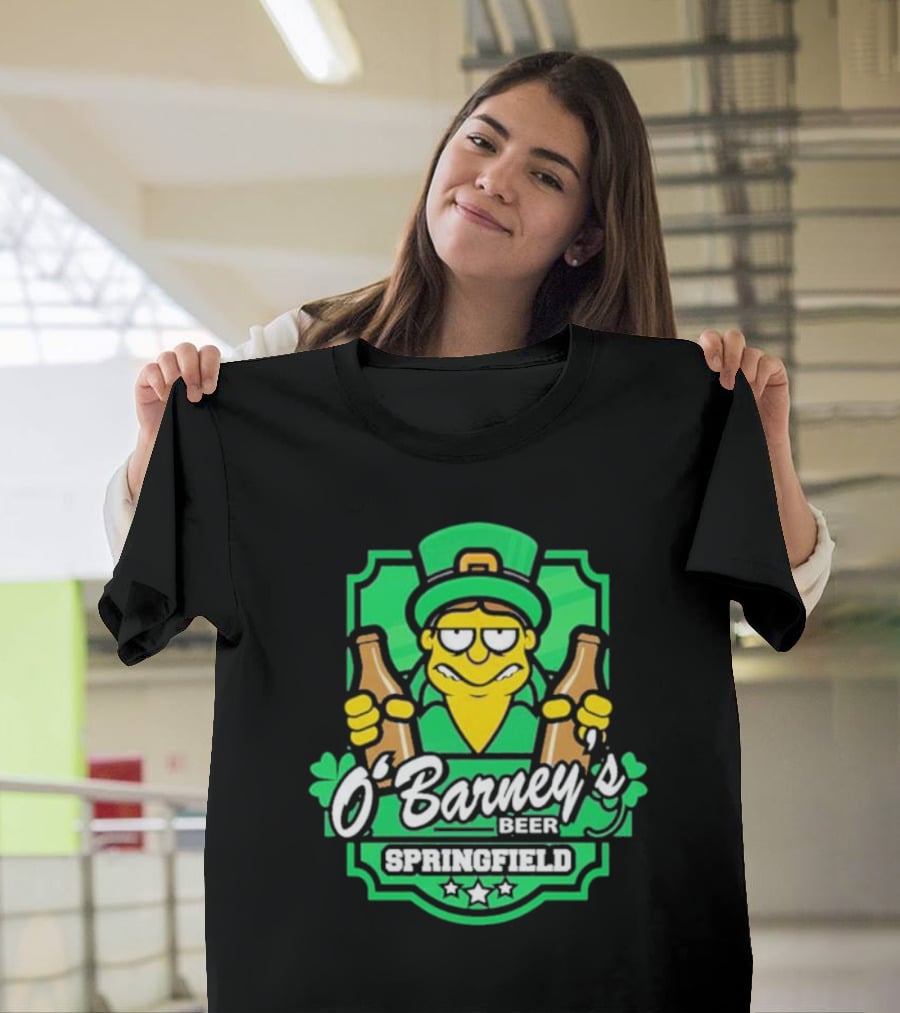 O’Barney’s Beer Springfield Leprechaun Holding Bottles Shamrock Badge T-Shirt