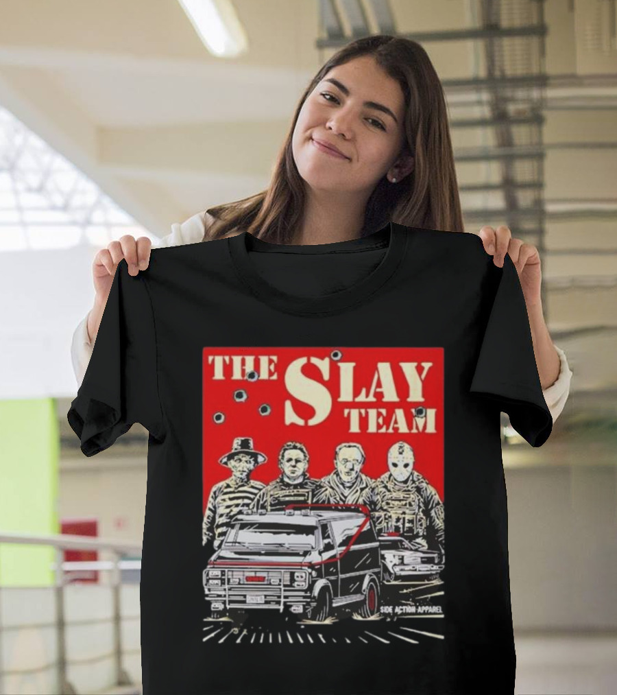 The Slay Team Horror Movies Characters Side Action T-Shirt