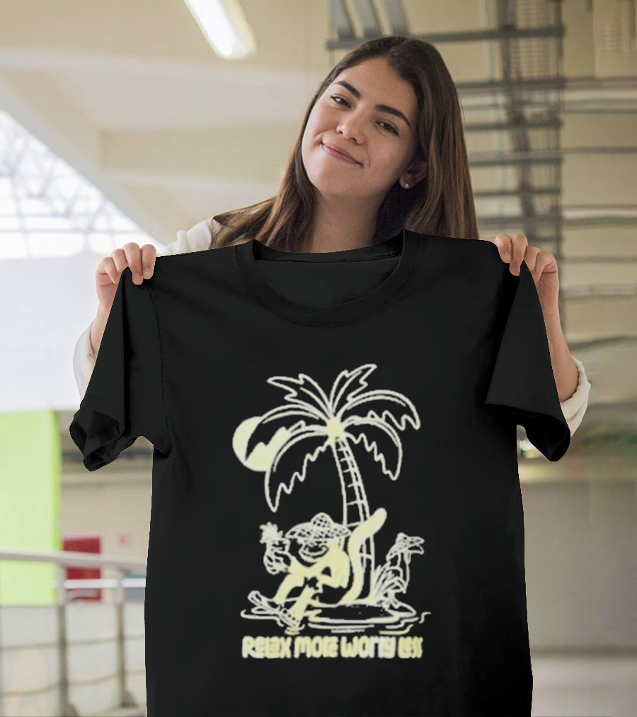 Relax More Worry Less Monkey Under Palm Tree with Drink T-Shirt