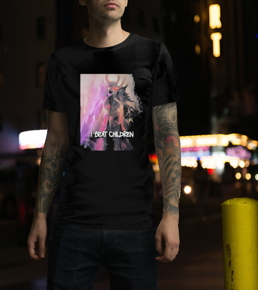 Kassadin I Beat Children Text Featuring Dark Mysterious Armored Character With Glowing Accents T-Shirt