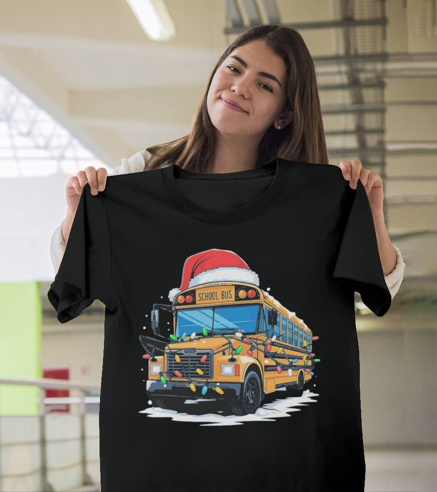 School Bus With Christmas Lights And Santa Hat Holiday Xmas T-Shirt