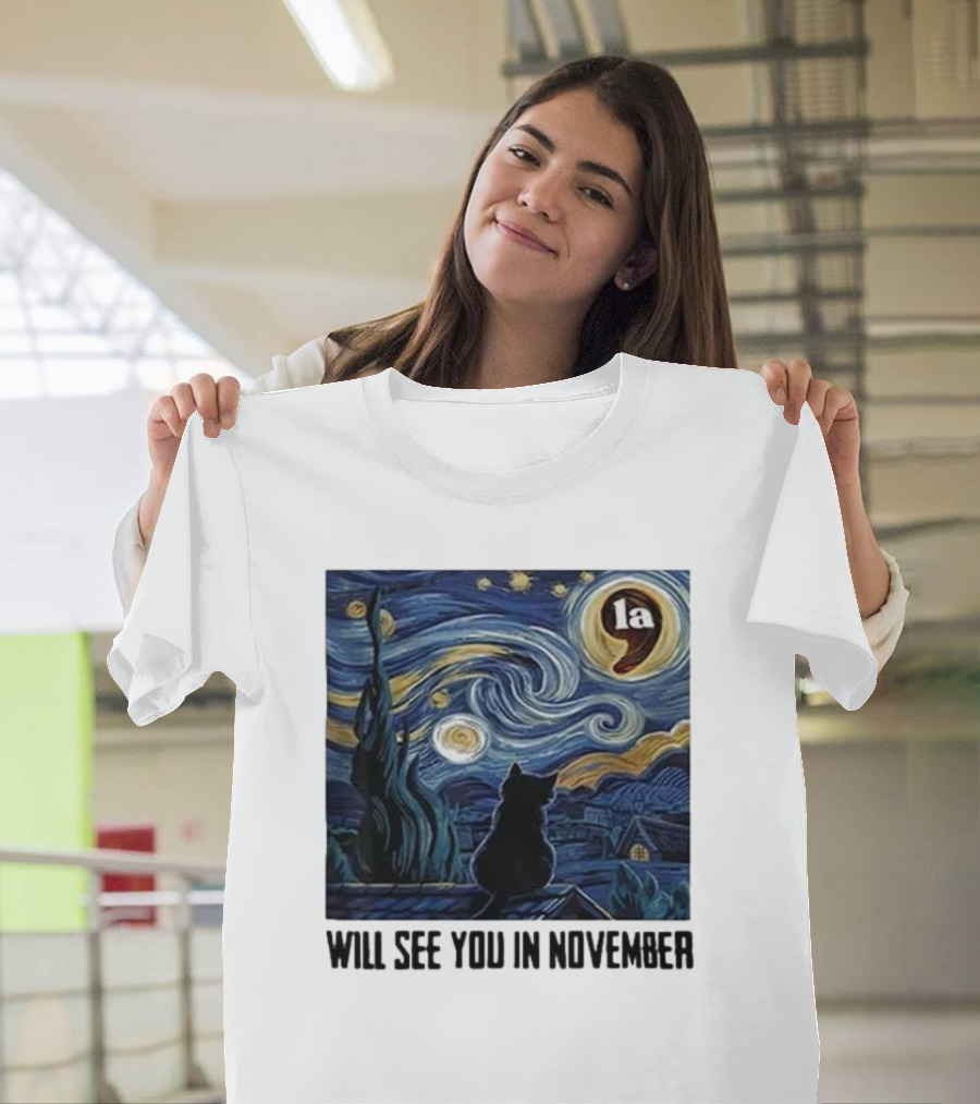 Black Cat LA Starry Night Will See You In November Van Gogh T-Shirt