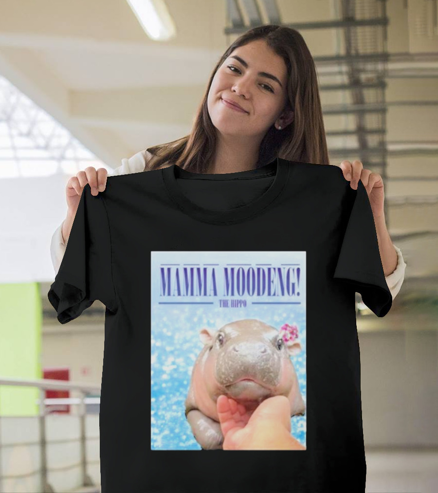 Mamma Moodeng The Hippo Vintage Cute Hippo with Flower and Water Background T-Shirt