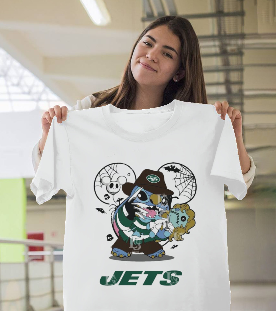 New York Jets Stitch Freddy Krueger Halloween Spooky Touchdown Scene T-Shirt