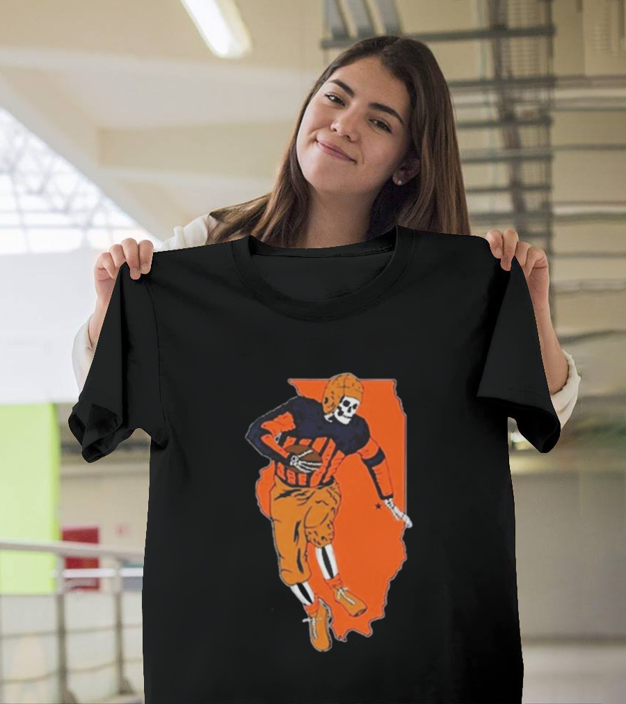 IL Illinois Fighting Illini Football Skeleton Player on Orange State Background T-Shirt