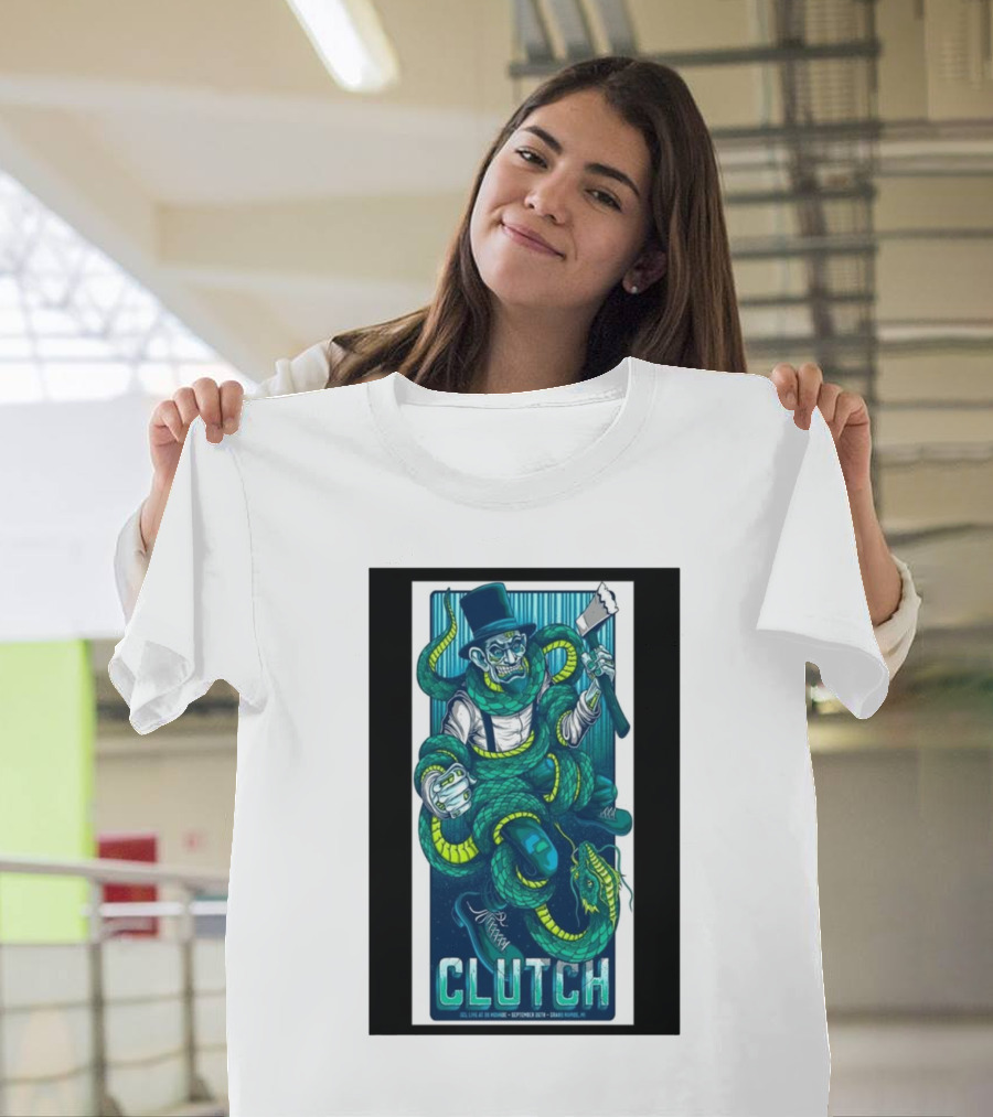 Clutch September 26, 2024 GLC Live At 20 Monroe Grand Rapids MI Tour Special Art Featuring Snake and Top Hat Figure T-Shirt