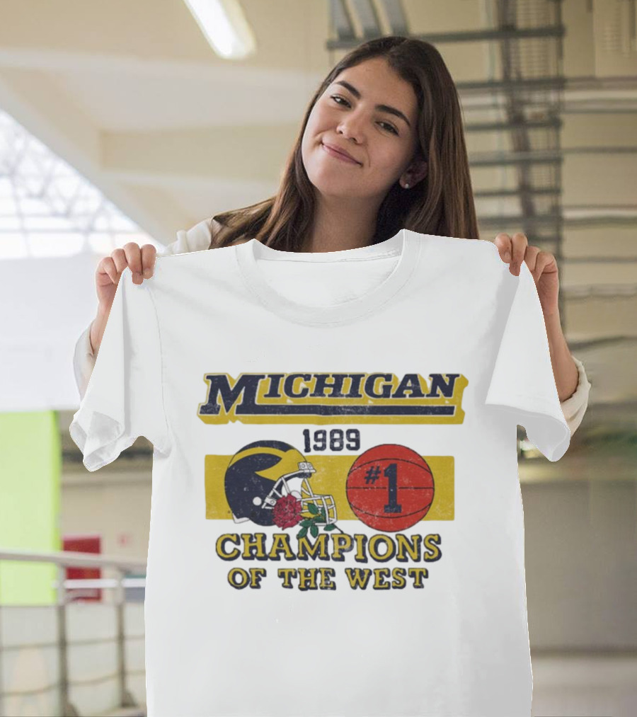 Michigan Wolverines 1989 Champions of the West #1 Vintage Football and Basketball T-Shirt