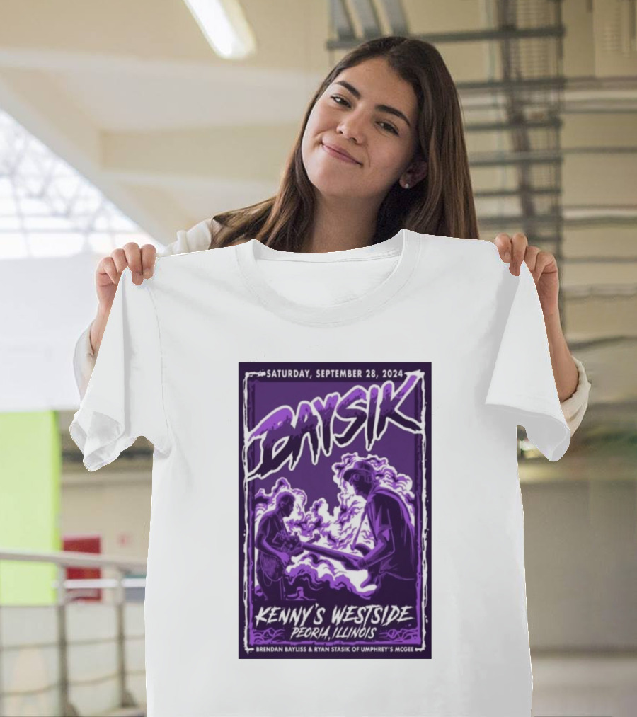 Saturday September 28 2024 Baysik Brendan Bayliss Ryan Stasik of Umphrey's McGee Kenny's Westside Peoria Illinois T-Shirt