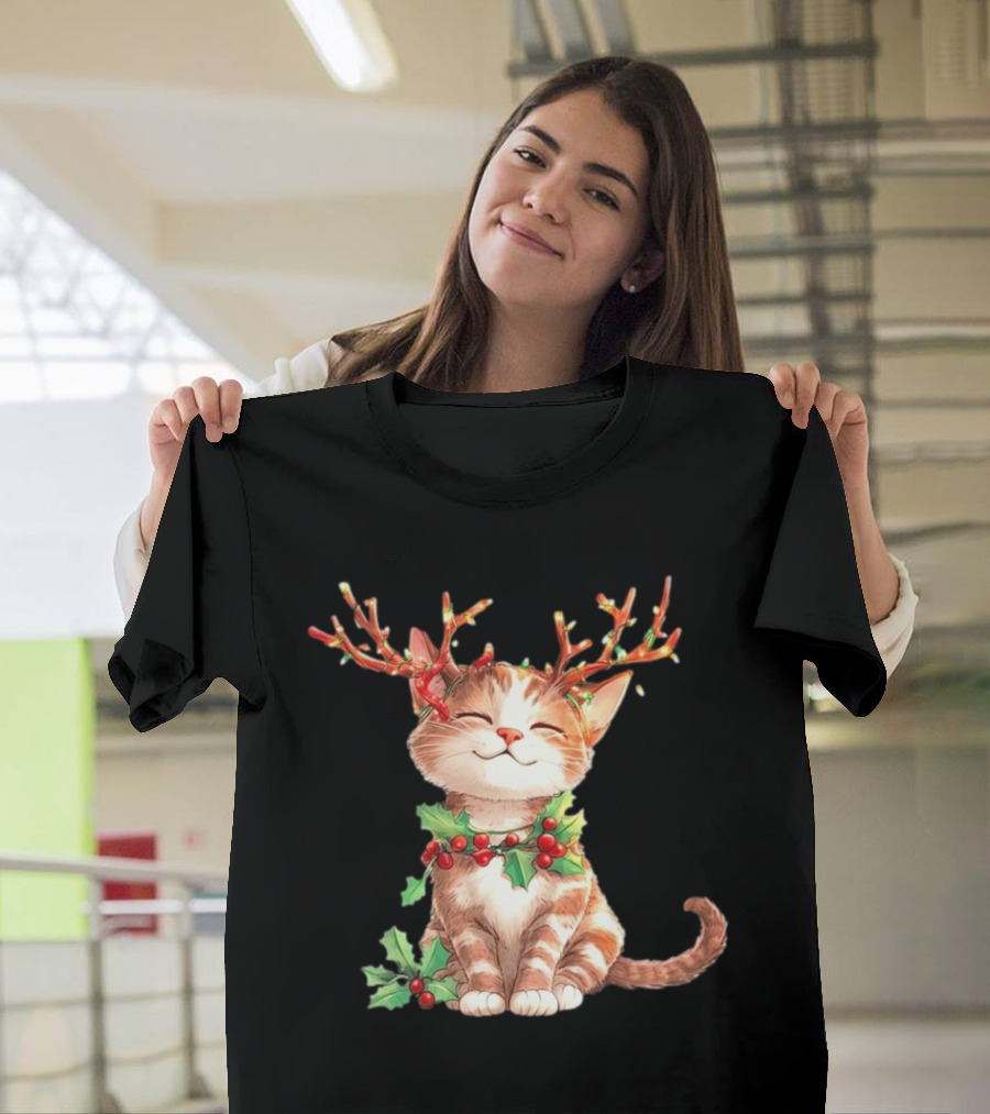 Cute Cat with Reindeer Antlers and Christmas Tree Lights T-Shirt