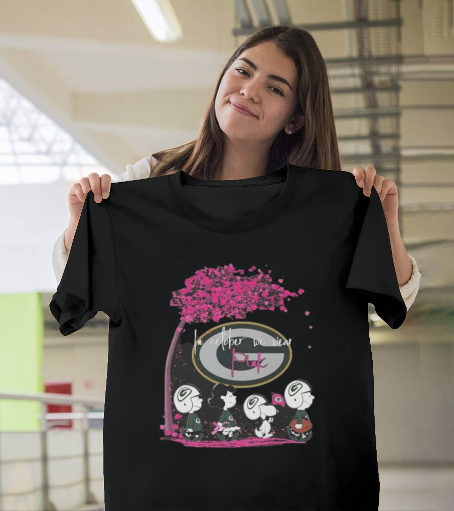 Peanuts Characters Green Bay Packers In October We Wear Pink 2024 Breast Cancer Awareness T-Shirt