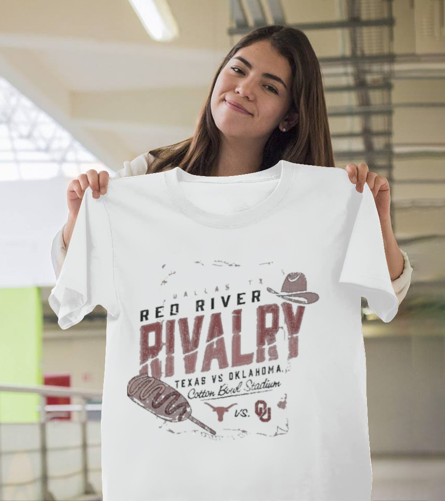 Dallas TX Red River Rivalry Texas vs Oklahoma Cotton Bowl Stadium Corn Dog Match Up Texas Longhorns vs Oklahoma Sooners T-Shirt